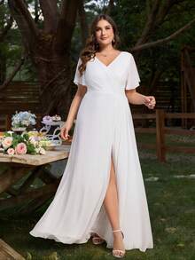 EVERPRETTY Plus Chiffon Ruched Bust Thigh Slit Spring Party Dress Wedding Dress For Bride Bridal Shower Dress Little White Dress Engagement Party Dresses Elegant - White - View 8