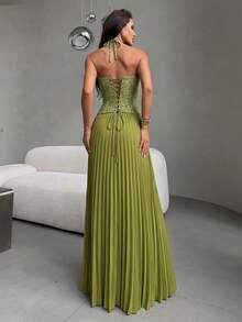Elegant Sexy Spaghetti Strap Long Fitted Dress, Summer Green Lace Backless Ruffle Dress, Suitable For Outings, Cocktail Parties, And Formal Events - Green - View 9