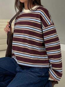 SDNGED Women's Casual Top, Striped Color Block Ribbed Fabric, Everyday Wear, Spring/Autumn - Blue-brown Wide Stripes - View 4