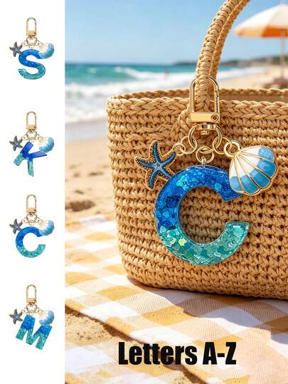 Schlüsselanhänger mit Initialen A-Z und Seestern-Anhänger, süßer Harz-Charm-Schlüsselring, Ozean-Windmühlen-Hängedekoration, hohe Härte ohne Verformung oder Bruch, modisches Accessoire für Rucksack, Geldbörse, Auto-Schlüssel, Taschenbaumler, Geschenkidee für Frauen, Freundinnen, Schwestern, Mütter zum Geburtstag, für den täglichen Gebrauch, Partys, Reisen, Abschluss, mit glänzenden Pailletten für einen glänzenden Finish.