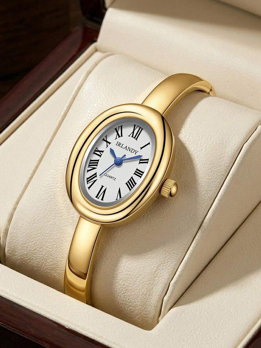 1pc Women's Quartz Watch, Elegant & Fashionable Minimalist Roman Numeral Oval Dial, Suitable For Daily Wear, Party Decoration, Mother's Day, Valentine's Day, Back To School, Birthday, Various Holidays Gift For Friends And Mothers - Gold - View 1