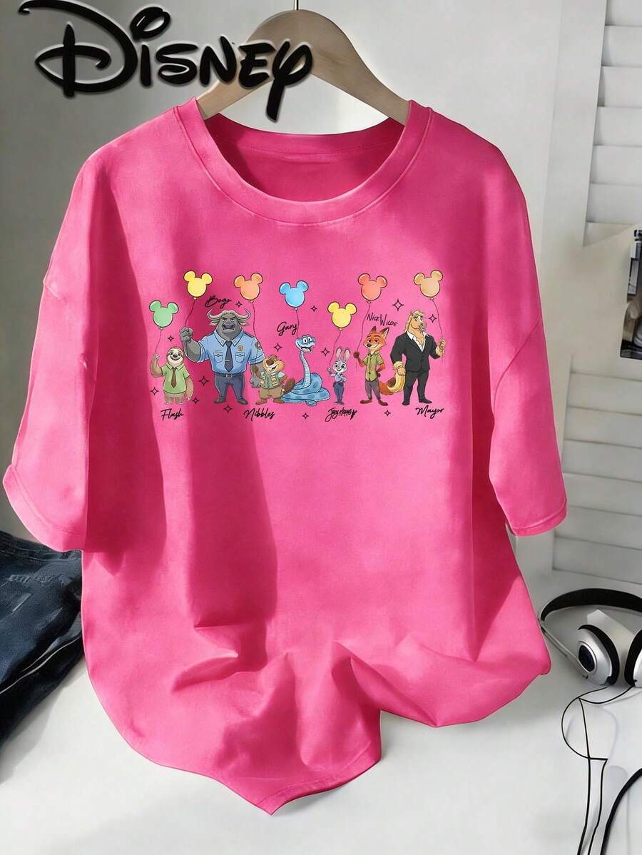 Disney Zootopia All Characters Balloon Vintage Washed Brown Oversized Cotton T-Shirt, Extra Large Baggy Fit Tee For Family, Zootopia Fan Top - 玫紅色 - 查看 1