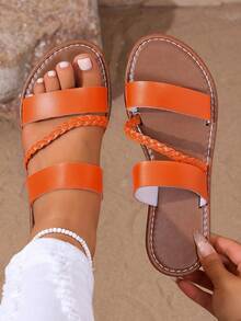 Women's Solid Color Fashion Slippers, Woven Lightweight Flat Sandals, Comfortable Beach Slippers - Coral Orange - View 6