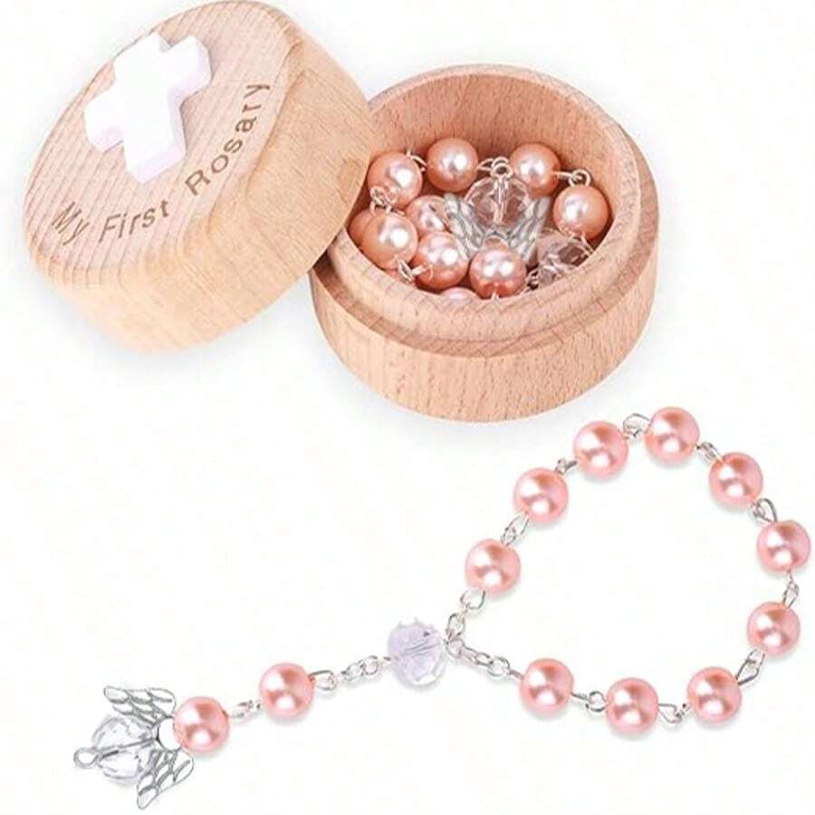 Juego de 20 piezas de recuerdos de , caja de recuerdos de y pulsera de cuentas de rosa con alas de ángel, juego de regalo de joyería de primera comunión católica y , adecuado para baby shower - A - Ver 1