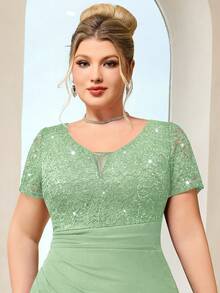 Plus Size Deep V-Neck Sequin Floral Lace Ruffle Hem Bodycon Dress Summer Elegant - Mint Green - View 10