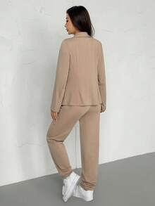 2pcs Women Thin Lapel Blazer Jacket And Elastic Waist Pants Set Spring - Dark Grey - View 8