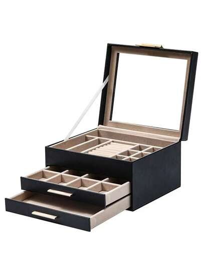 Hộp đựng trang sức cao cấp dành cho nữ, có khóa, dung tích lớn, khay hai lớp có thể tháo rời để đựng bông tai và vòng tay, lớp lót nhung mềm mại, bề mặt giả da - Lựa chọn quà tặng cao cấp, hộp đựng trang sức đa chức năng chống oxy hóa, chống thấm nước, hai lớp bằng da PU có khóa, khay đựng trang sức di động, hộp đựng đồng hồ, hộp quà tặng.