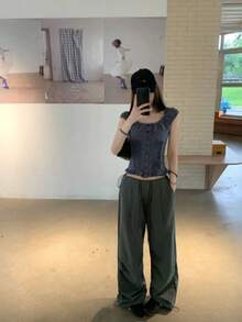 復古藍白格紋單排釦方領短袖女款夏季新款上衣 - 藍白格子 - 查看 5