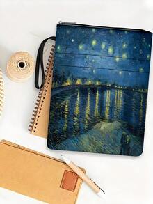 1pc Van Gogh's Starry Night Themed Book Cover With Zipper, Padded Book Protector Sleeve, Multipurpose Book Bag With Inner Lining, Suitable For School, Students, Teachers, Book Lovers - Single Piece - View 1