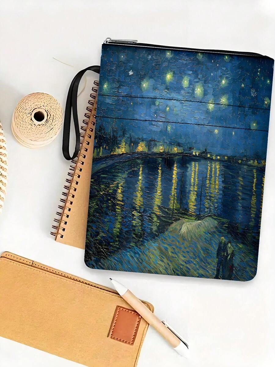 1pc Van Gogh's Starry Night Themed Book Cover With Zipper, Padded Book Protector Sleeve, Multipurpose Book Bag With Inner Lining, Suitable For School, Students, Teachers, Book Lovers - Single Piece - View 1