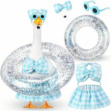 23 Inch Summer Goose Decor Blue Plaid Swim Ring Fashion Glasses Bikini Yard Goose Outfit Patio Decor - F - View 1