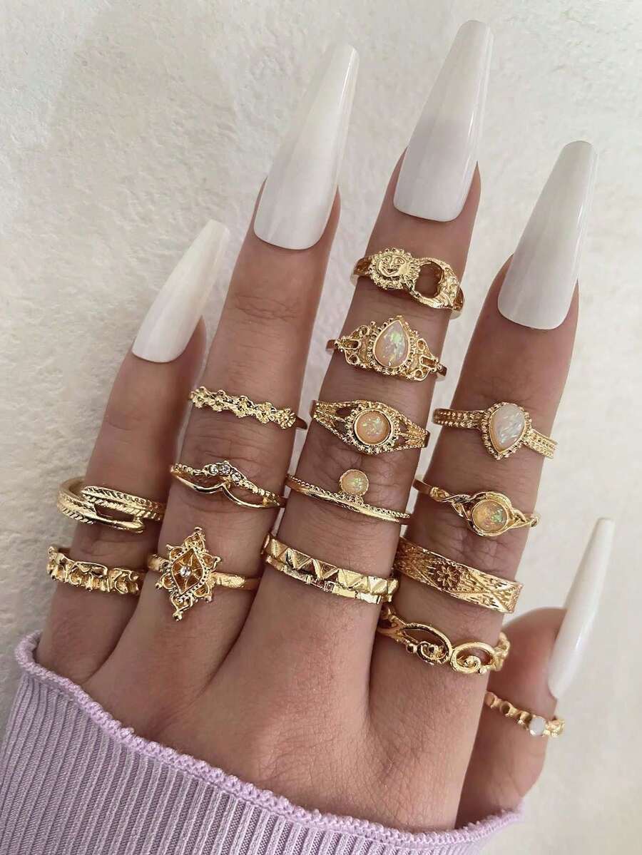 15pcs Gemstone & Rhinestone Decor Ring - 金色 - 查看 1