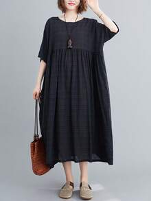 2026春夏秋季女士波西米亚风长连衣裙，黑色，带口袋，短袖圆领，A字褶裥剪裁，亚麻面料，休闲度假睡裙 - 黑色 - 查看 2