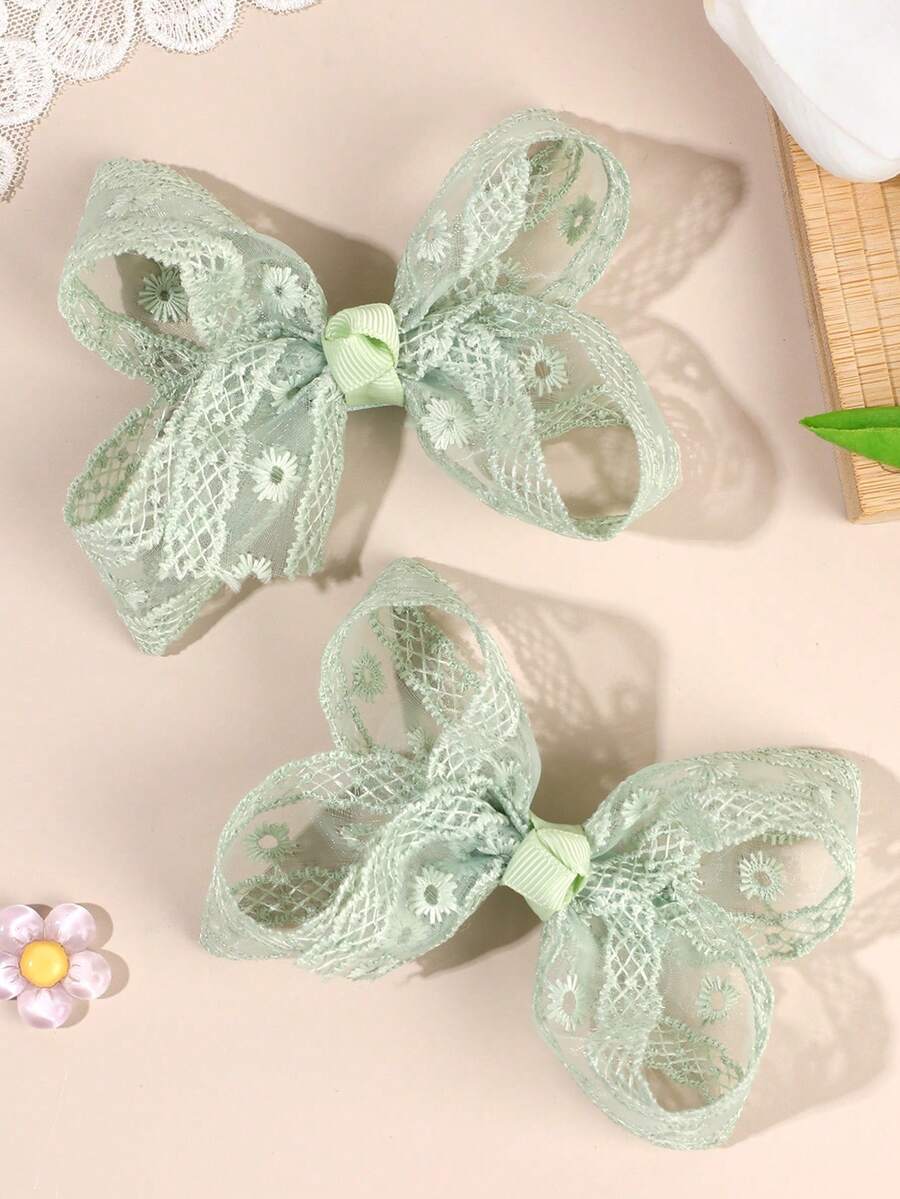 2pcs Green Daisy Floral Embroidered Lace Hair Clips,Delicate Hair Accessories,Spring/Summer Forest Style,Sweet Girls Kids Hair Accessories - Mint Green - View 1