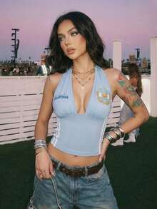 Women's Casual Argentine Mesh V-Neck Fitted Cropped Camisole Top, Suitable For Street Style In Spring And Summer, Women's World Cup Summer Clothing - Baby Blue - View 4