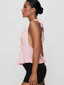 Top de mujer de poliéster con lazo, unicolor, espalda descubierta, nudo, volantes y tiras, adecuado para playa, fiesta de noche, cita, boda, hogar, cena formal, estilo callejero, primavera, otoño, verano - Rosa Pálido - Ver 3