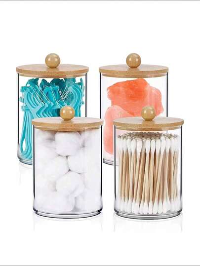 Bộ 1/2/3/4 hộp đựng đồ dùng nhà tắm có nắp bằng tre, đựng tăm bông, bông tẩy trang tròn, chỉ nha khoa - Bộ nhựa trong suốt 10oz, thích hợp để đựng đồ trong phòng tắm, đồ trang điểm.