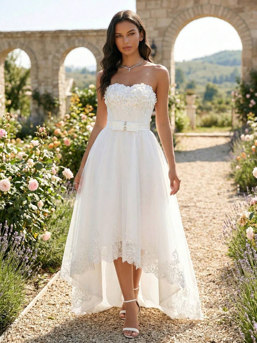 Lace Wedding Dress, Strapless White Long Train Bridal Gown, Women's Formal Evening Dress For Banquet