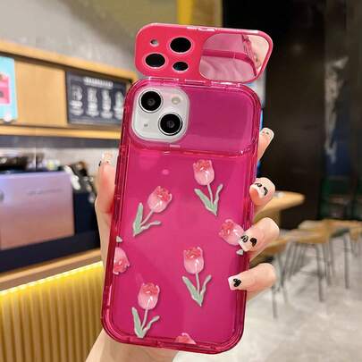 1pc Magenta TPU Tulip Painted Flip Cover Mirror Minimalist Phone Case With Mirror Stand, Shockproof Protective Cover Compatible With IPhone 17pro/17Air /17/17promax 16/11/16pro/16plus/16promax/16e/15Promax/13/14/12/XS/XR/7G/8PXR /7/8, Painted Protective Soft Case For IPhone 15Promax, 13, 14, 11, X12/14