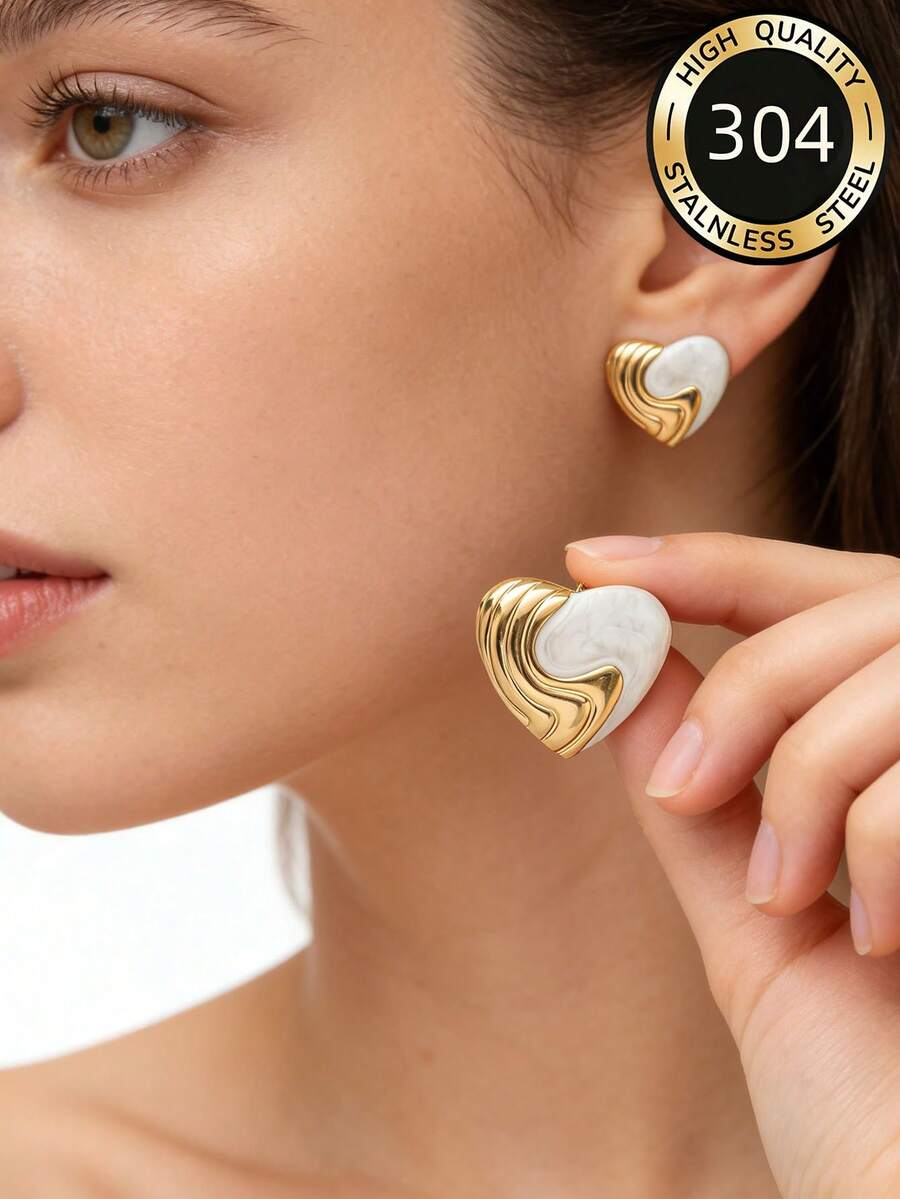 1 Pair Stainless Steel Heart Shaped Earrings, Elegant For Daily Wear, Casual, Great Mother's Day Gift - Heart Shape - View 1