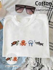Women's Cute Sea Creature Embroidered T-Shirt, Summer Clothing For Women, Loose Fit Retro Tee - White 4 - View 8