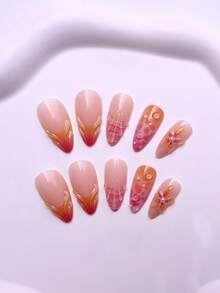 24 Peças Adesivos de Unhas 3D com Formato de Amêndoa Médio-Longo, Apresentando Esquema de Cores do Pôr do Sol Tropical, Algumas Unhas Possuem Designs Florais Elevados com Detalhes de Pérola Falsa, Design de "Unha de Concha" Texturizado para Interesse Tátil e Visual Adicional, Inclui 1 Peça de Gel de Gelatina e 1 Lixa de Unha, Adequado para Mulheres e Meninas para Uso Diário, Festas e Outras Ocasiões - Multicolorido - Visão 4