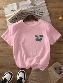2026 New  Fashion Double-Sided Printed T-Shirt With Blueberry And Green Leaf Pattern, Short-Sleeve Round-Neck Casual Top, Suitable For Spring And Summer Daily Wear, Women's Clothing, Soft And Breathable Fabric, Printed Shirt, Adult Size, Fashionable Women's Casual Wear For Beach Travel And Daily Outings - 粉色 - 查看 3