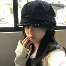 Punk Retro Studded Newsboy Cap For Women, Versatile For Autumn, Makes The Face Look Smaller, Korean-Style Casual Wide-Brimmed Hat - 黑色 - 查看 6