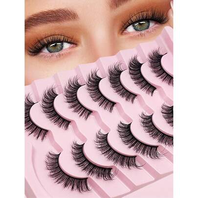 7对装奢华蓬松假睫毛，3D猫眼造型，逼真自然，仿貂毛全条假睫毛，可重复使用，适合各种休闲场合，新手友好，条状假睫毛，睫毛，假睫毛