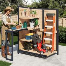Outdoor Wooden Storage Shed With Foldable Workbench, Solid Fir Garden Tool Cabinet With Adjustable Shelves And Weatherproof Design For Home Organization - Light Oak - View 9
