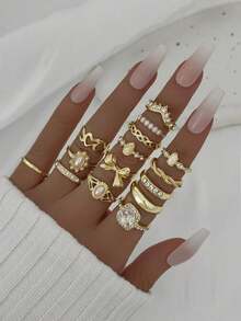 15pcs/Set European And American INS Style Imitation Gem Rings, Faux Pearl Flower Geometric Crystal Bowknot Ring Set - 金色 - 查看 7