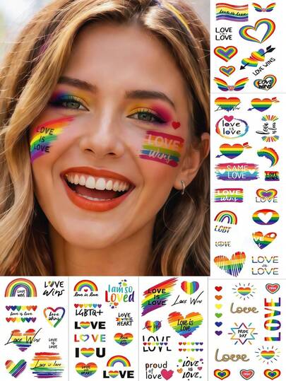8 Sheets Rainbow Temporary Tattoos Pride Face Tattoos Gay Pride Flag Colored Pride Body Stickers WaterProof Gay Stickers Pride Makeup For Parade Festival Halloween Beach Party Accessories