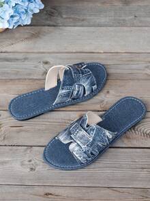 Women's Comfortable Distressed Denim Open Toe Flat Slide Sandals, Soft Washed Denim Material Easy Slip-On Versatile Daily Wear Shoes For Summer - Blue - View 5