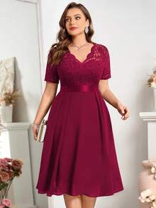 V-Neck Ruffle Lace Printed Chiffon A-Line Swing Dress, Summer Dress Suitable For Birthday, Graduation, Back To School And Other Occasions Red - Red - View 5