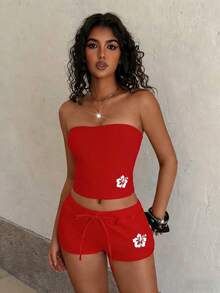 2pcs/Set Plus Size Women Y2K Style Backless Sleeveless Top + Floral Print Shorts, Summer Beach Outfit, Sexy Girl Set Elegant - Red - View 6