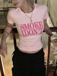 Áo thun nữ cổ tròn tay ngắn, kiểu Mỹ, in chữ mới, dáng ôm thời trang, áo crop top, thích hợp mặc mùa hè. - Hồng - Xem 2