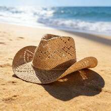 Hollow Western Cowboy Hat Combines Straw Material With Retro Design.It Has A Wide Brim And A Classic Hat Shape.It Has Both Sun Protection And Style.It Is Suitable For Summer Travel, Beach Parties Or Theme Activities, Showing The Free And Unrestrained Western Style And Personality Declaration. - 淺褐色的 - 查看 12