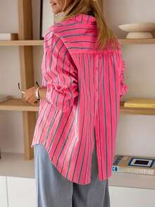 Women's Casual Striped Pocket Front Button Back Button Long Sleeve Shirt Pink Spring - Pink - View 3