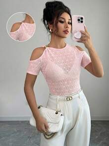 Top roz pentru femei, tricotat, cu imprimeu cu funde, cu umeri goi, mânecă scurtă, ținută de vară, top semitransparent casual cu cataramă metalică pe umăr, ținută de vacanță pentru femei, Ziua Mamei, bluză elegantă, ținută de vacanță pentru femei - Roz - Vizualizare 9