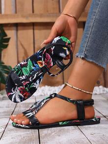 Bohemian Style Tropical Floral Print Sandals, Women's Summer Outdoor Beach Holiday Slippers - Black - View 2