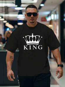 Camiseta de hombre, tops de verano: Camiseta extragrande con corona de rey y estampado KNG para hombre – Blanco y negro, top de verano informal de manga corta y cuello redondo, transpirable, corte holgado con logo de corona blanca para el tiempo libre, fiestas y eventos – Camiseta versátil con mensaje, camiseta de algodón de talla grande, conjunto de verano para hombre - Negro - Ver 6