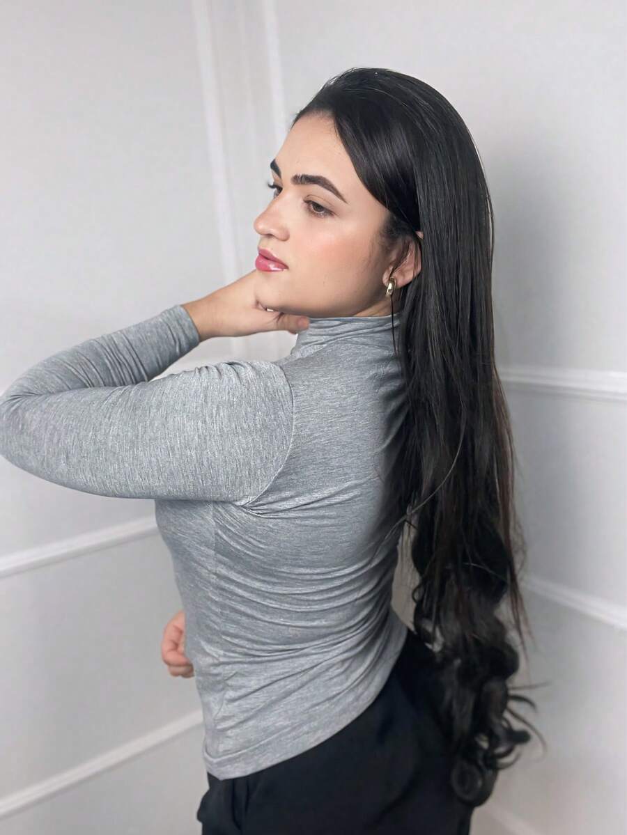 Women's Turtleneck Blouse With Long Sleeves And High Neck, Second-Skin Style, Basic Design. - Gris - Ver 1