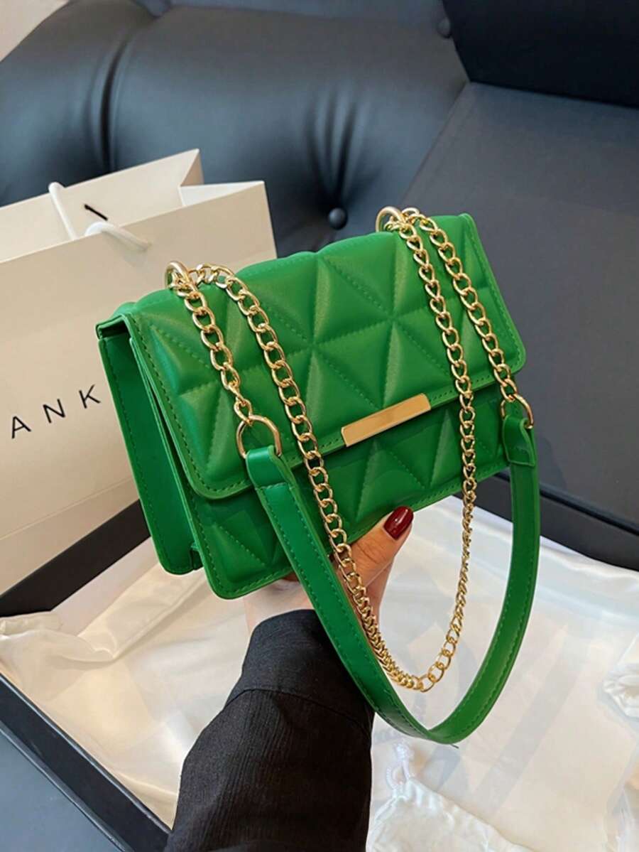 1pc Fashionable Solid Color Pressed Texture Flap Chain Mini Shoulder Bag,Purses For Women - Green - View 1