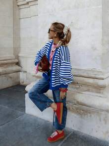 Plus Size Red Striped Knit Cardigan, V-Neck Lantern Sleeve Open Front Sweater, Casual Color Block Loose Top For Fall & Winter - Blue - View 2