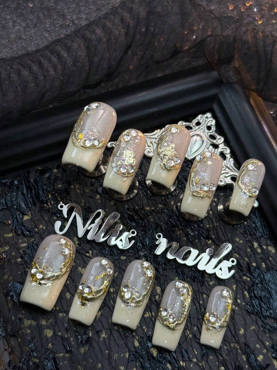 10pcs Handmade Full Coverage Square Press-On Nails, Champagne Color, Removable & Reusable, Gold Foil & Rhinestone Decor, Gentle Elegant Exquisite Style, Suitable For Party, Ceremony, Daily & Other Holidays