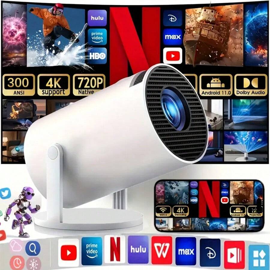 Mini WiFi & Bluetooth Projector With Built-In Apps, 180° Rotatable Smart Portable Projector With Auto Keystone Correction, Supports 720P Resolution, Compatible With /USB/TV Stick/Smartphone/Laptop - Multicolor - View 1