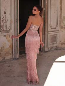 Faeriesty 女士优雅亮片无肩带连衣裙，多层流苏下摆 | 奢华晚礼服，适合盛大晚宴、婚礼或正式场合，夏季度假派对春季装扮 - 香檳色 - 查看 2