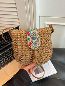 Bolso de paja de moda nueva Primavera/Verano 2026, bolso de hombro/cruzado con flecos, bolso de playa para vacaciones - Caqui - Ver 11