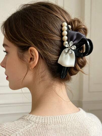 1 chiếc kẹp tóc hình nơ ngọc trai kiểu Pháp, đính đá hoa và phụ kiện tóc dạng càng cua, trang trí kiểu tóc búi cao thanh lịch cho phụ nữ, phù hợp cho sử dụng hàng ngày và đám cưới, mùa hè, kỳ nghỉ, du lịch.