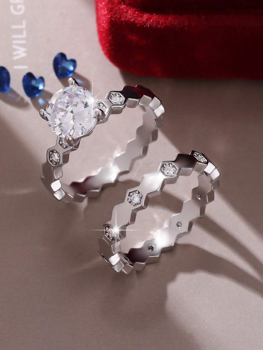 2 piezas Juego de anillos de zirconia sintética redondos, clásicos y precisos, elegantes y de lujo. Anillos de compromiso y boda, regalo para el Día de San Valentín y aniversario para mujeres - Plateado - Ver 1